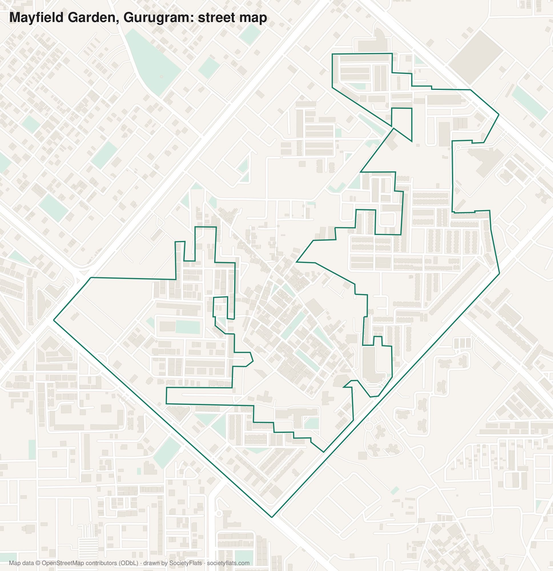 Street map of Mayfield Garden, Gurgaon, with its buildings, parks and lanes