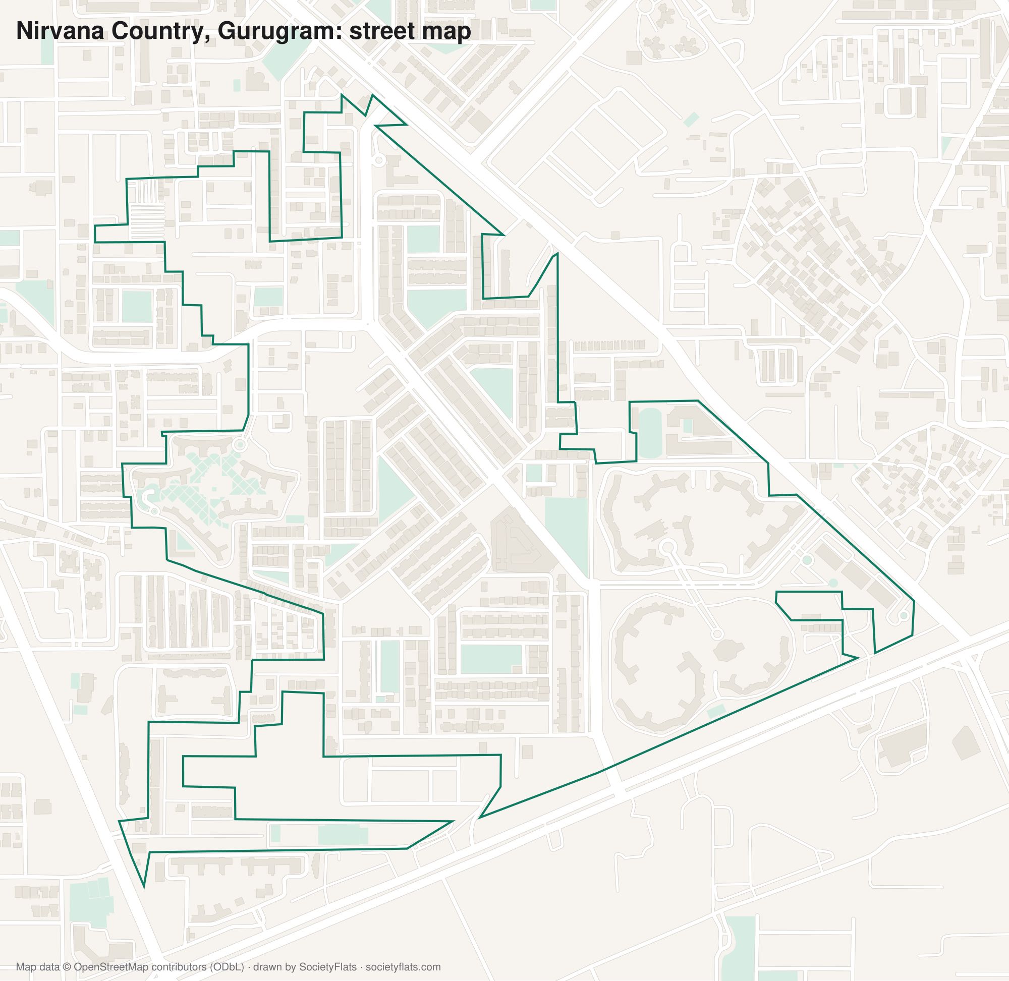 Street map of Nirvana Country, Gurgaon, with its buildings, parks and lanes
