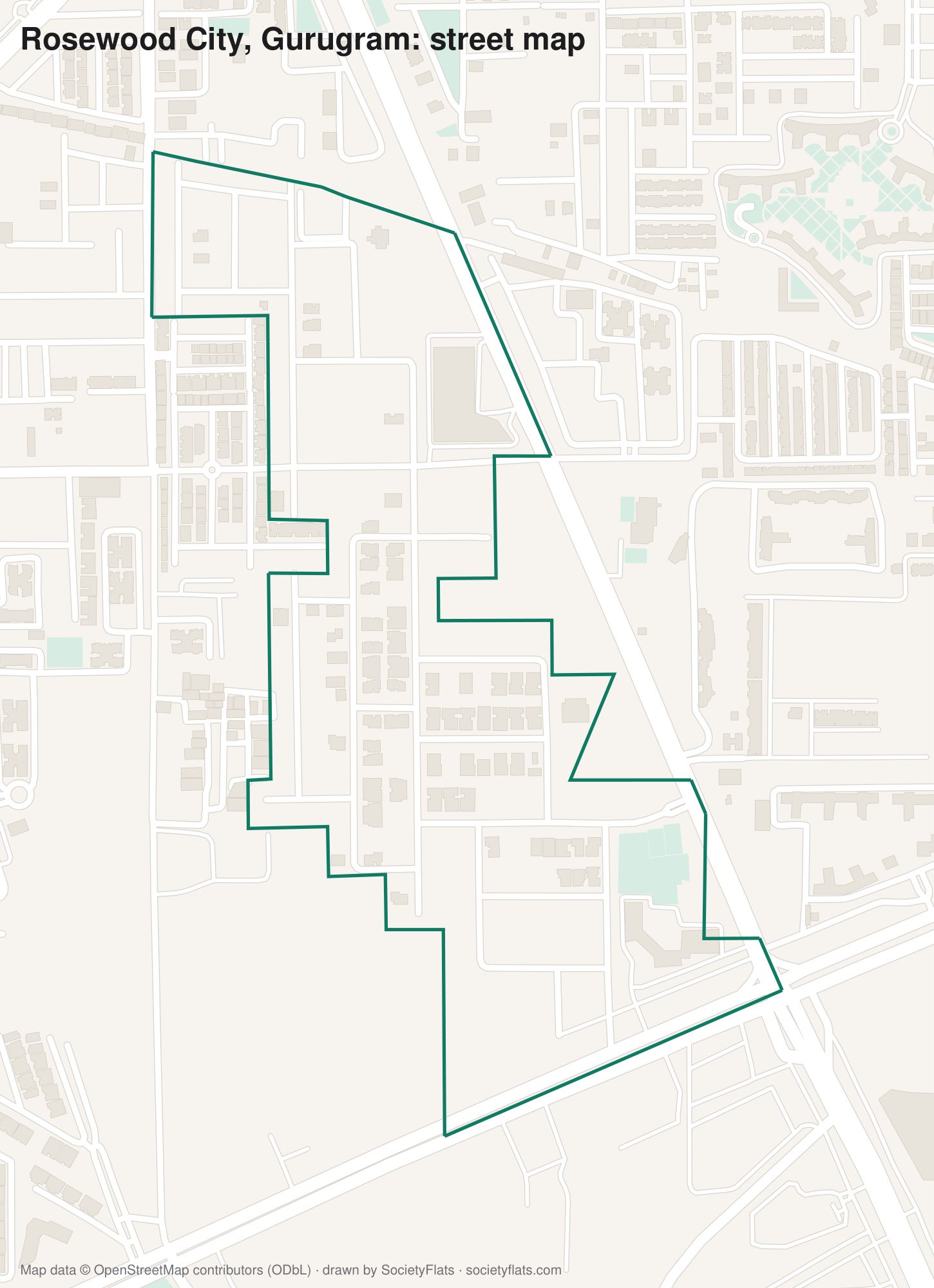 Street map of Rosewood City, Gurgaon, with its buildings, parks and lanes