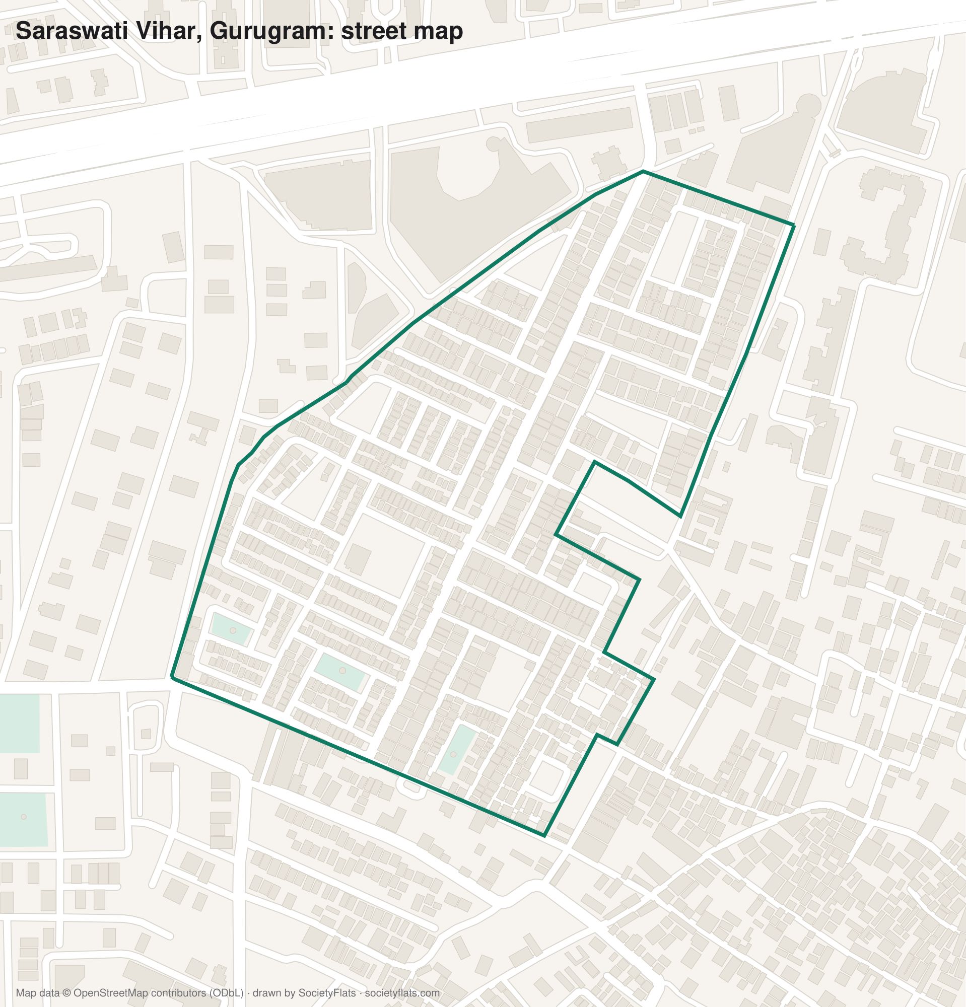 Street map of Saraswati Vihar, Gurgaon, with its buildings, parks and lanes