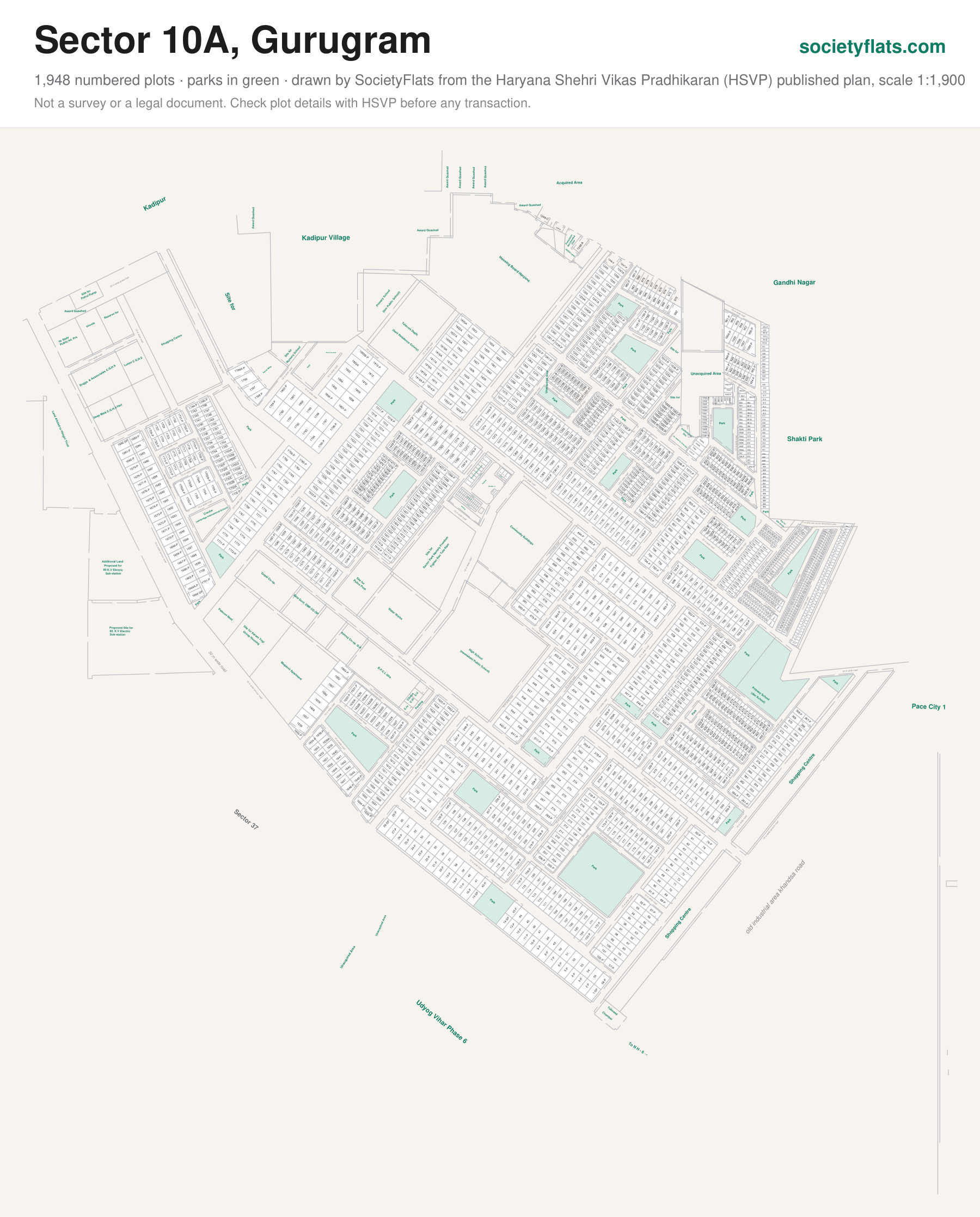 Layout map of Sector 10A, Gurgaon, with numbered plots