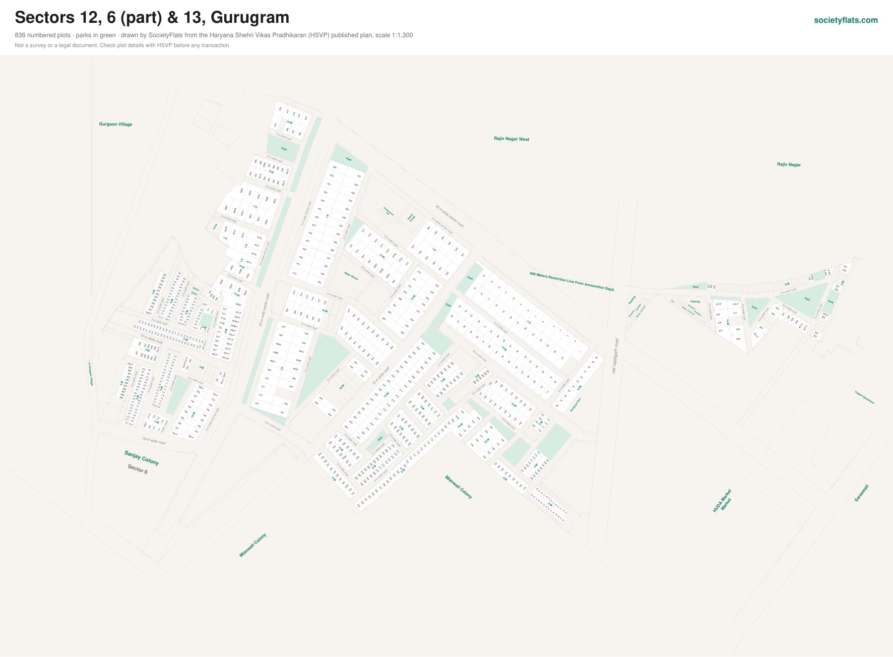 Layout map of Sectors 12, 6 (part) & 13, Gurgaon, with numbered plots