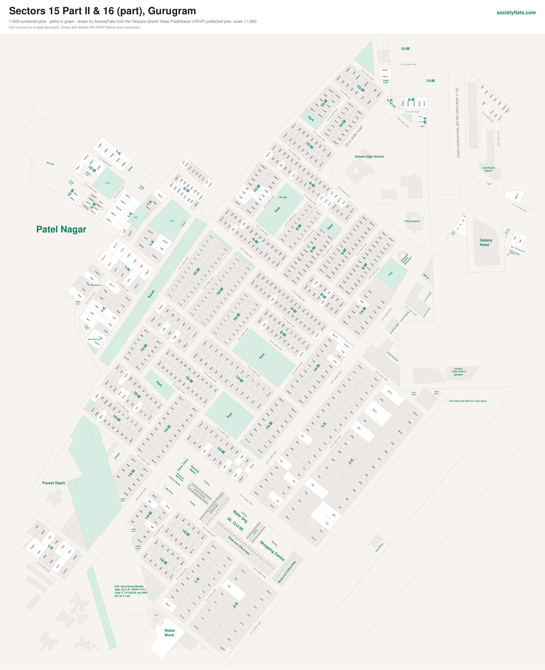 Layout map of Sectors 15 Part II & 16 (part), Gurgaon, with numbered plots