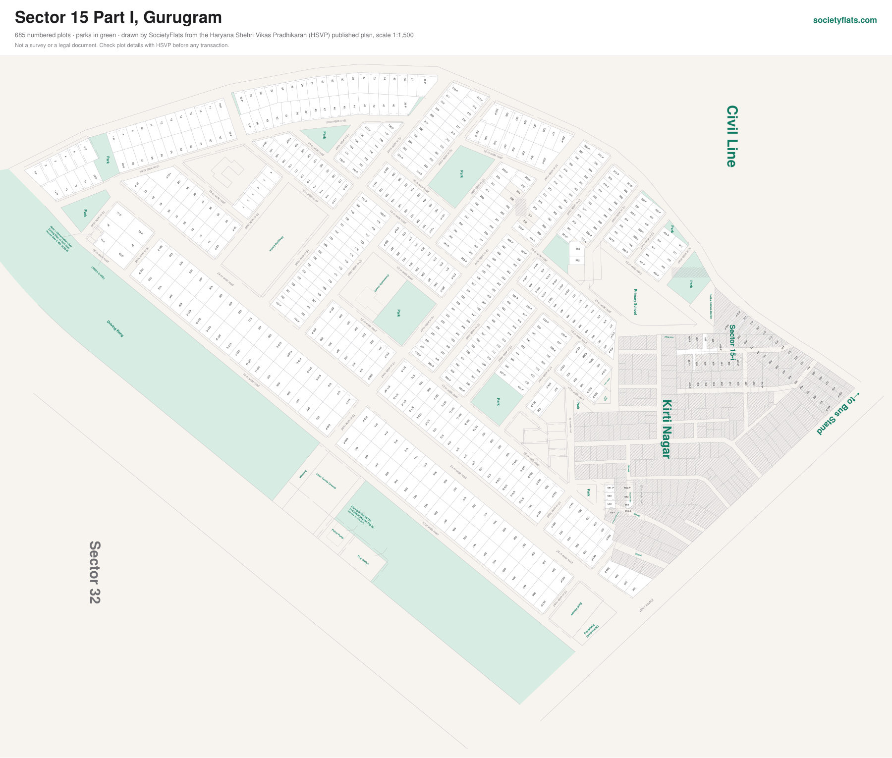 Layout map of Sector 15 Part I, Gurgaon, with numbered plots
