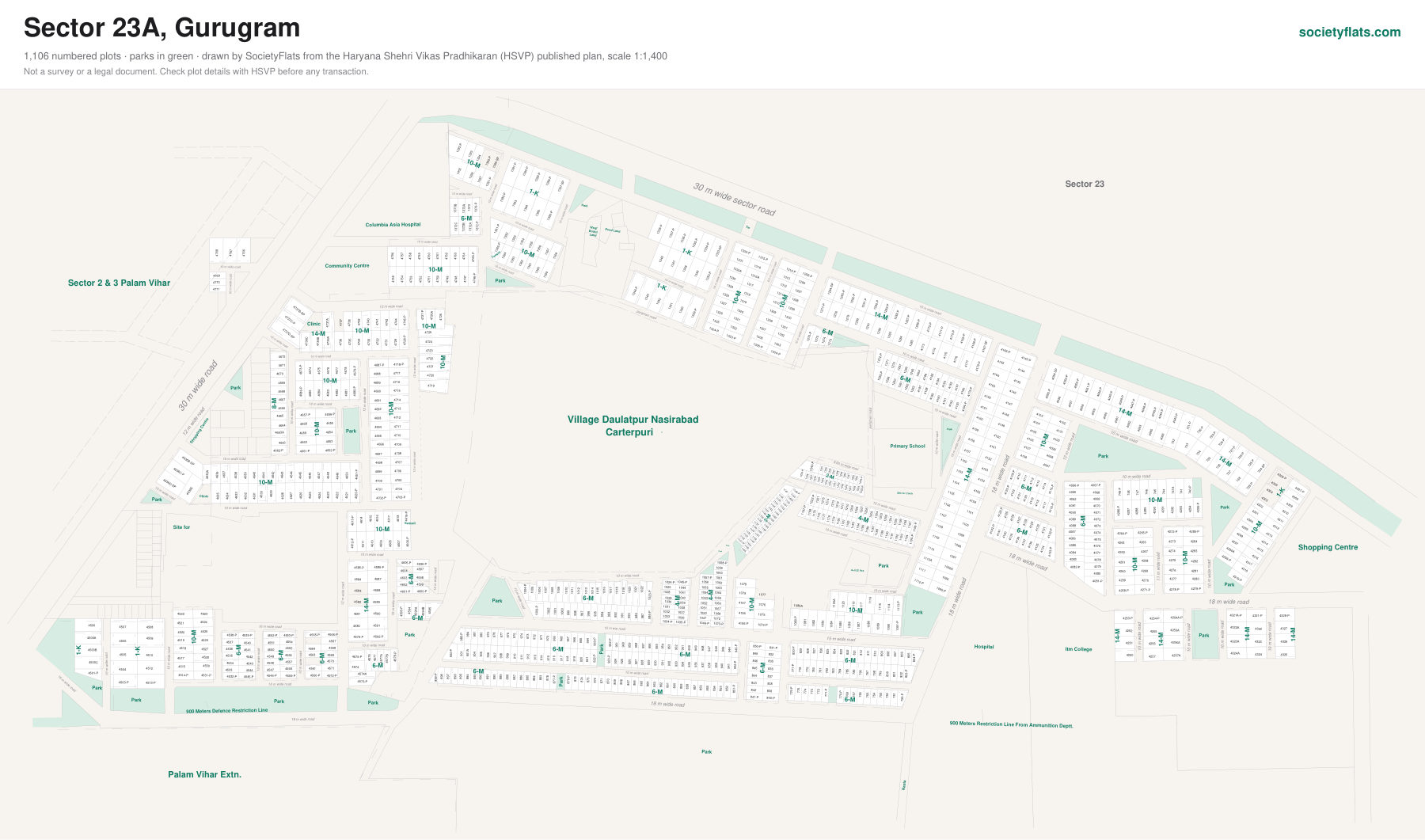 Layout map of Sector 23A, Gurgaon, with numbered plots