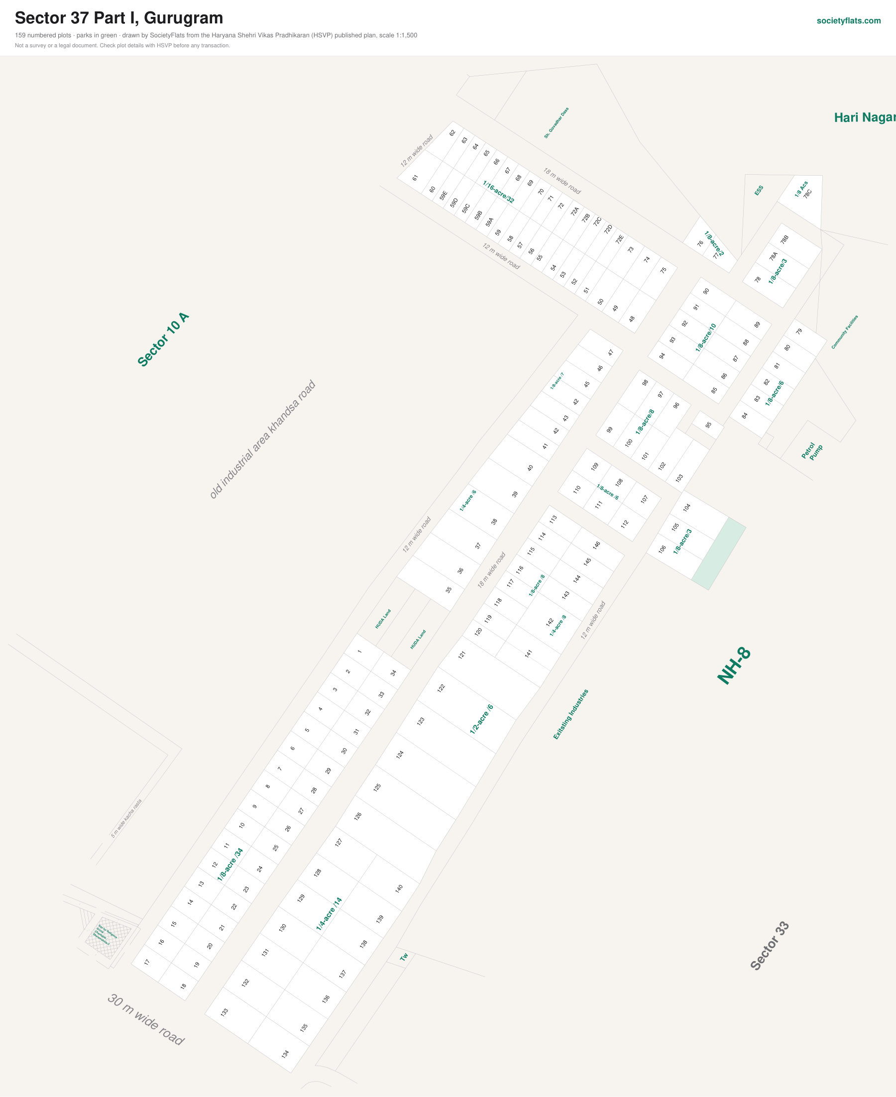 Layout map of Sector 37 Part I, Gurgaon, with numbered plots