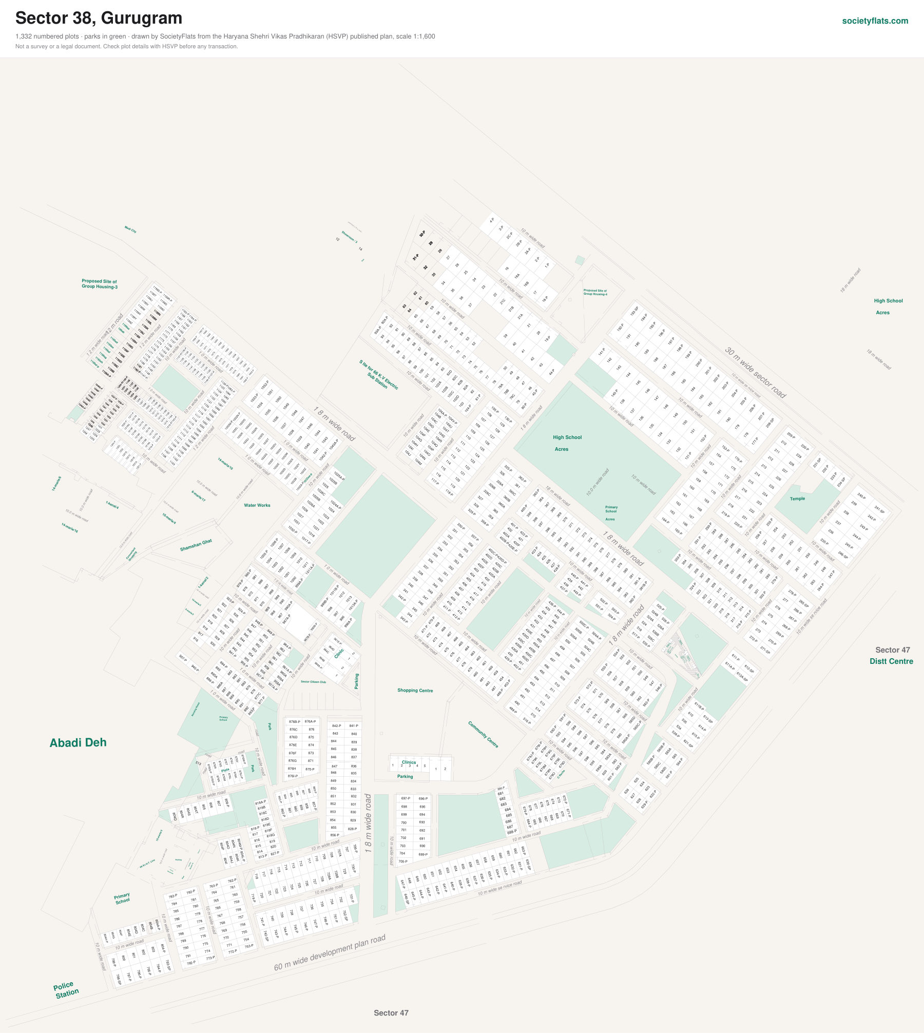 Layout map of Sector 38, Gurgaon, with numbered plots