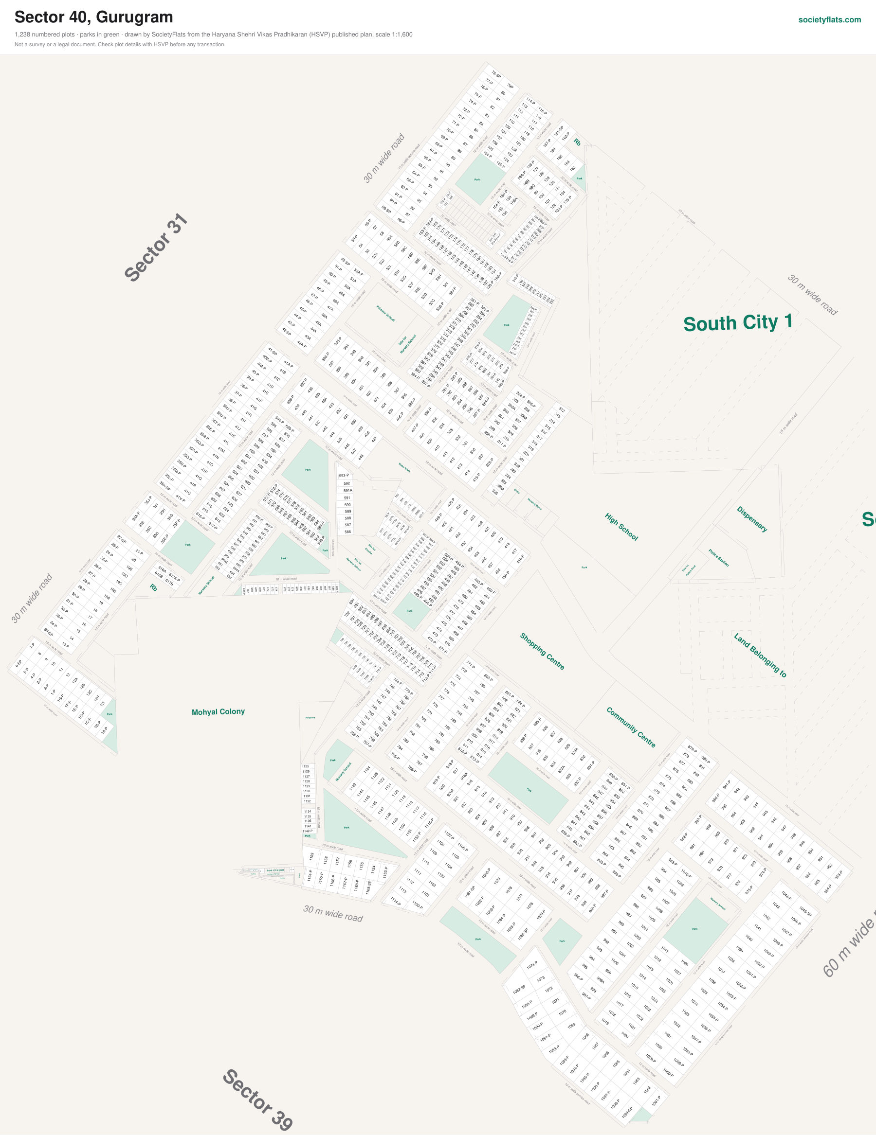 Layout map of Sector 40, Gurgaon, with numbered plots