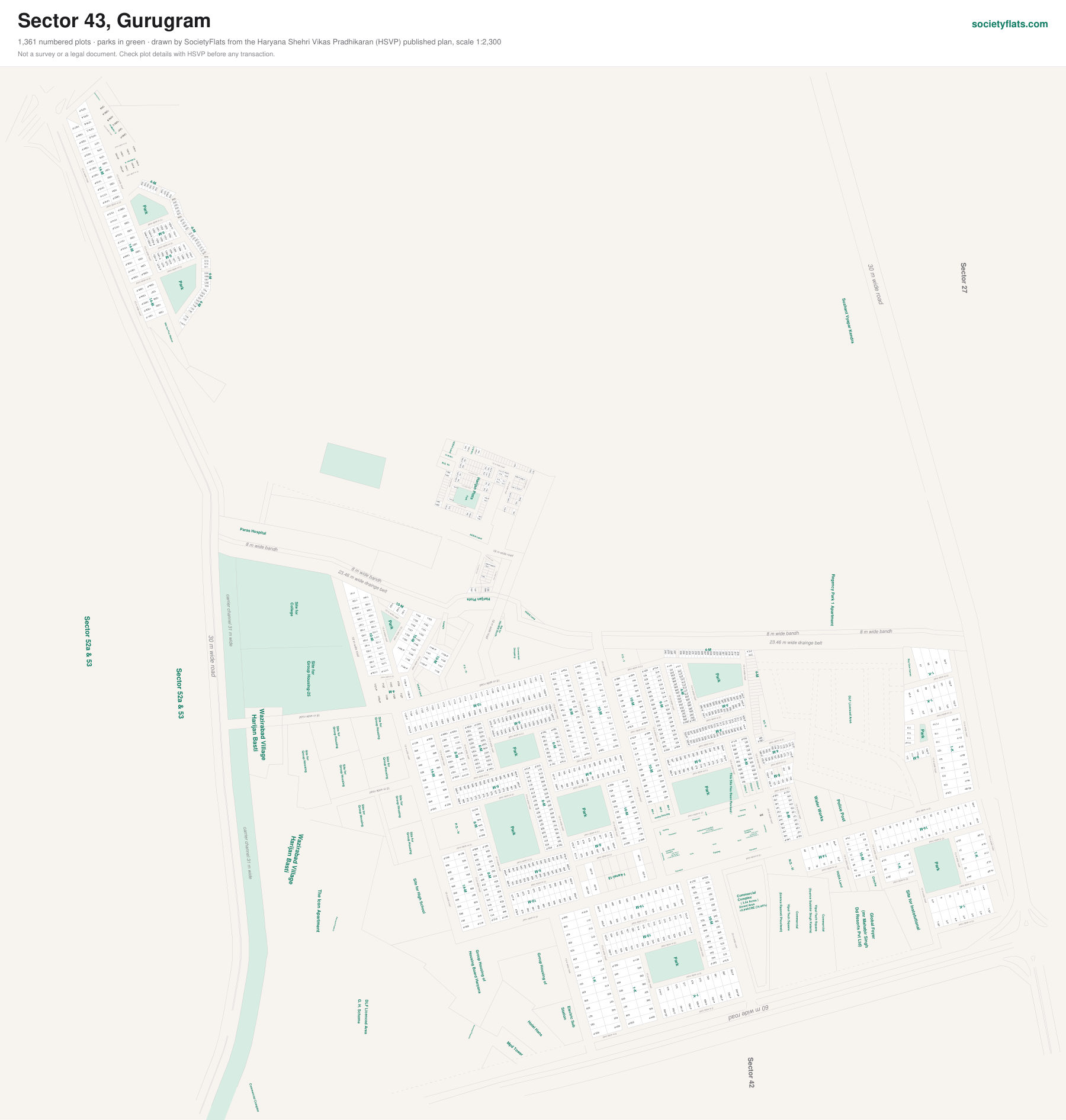 Layout map of Sector 43, Gurgaon, with numbered plots