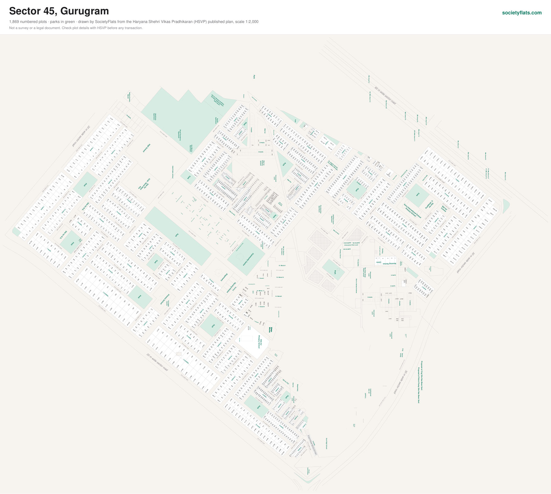 Layout map of Sector 45, Gurgaon, with numbered plots