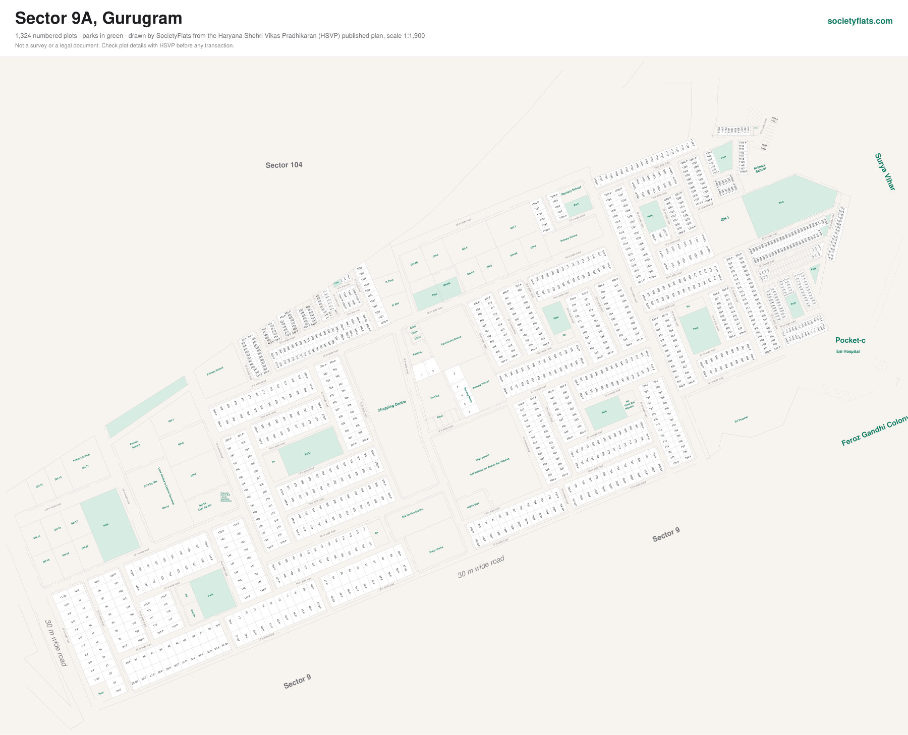 Layout map of Sector 9A, Gurgaon, with numbered plots