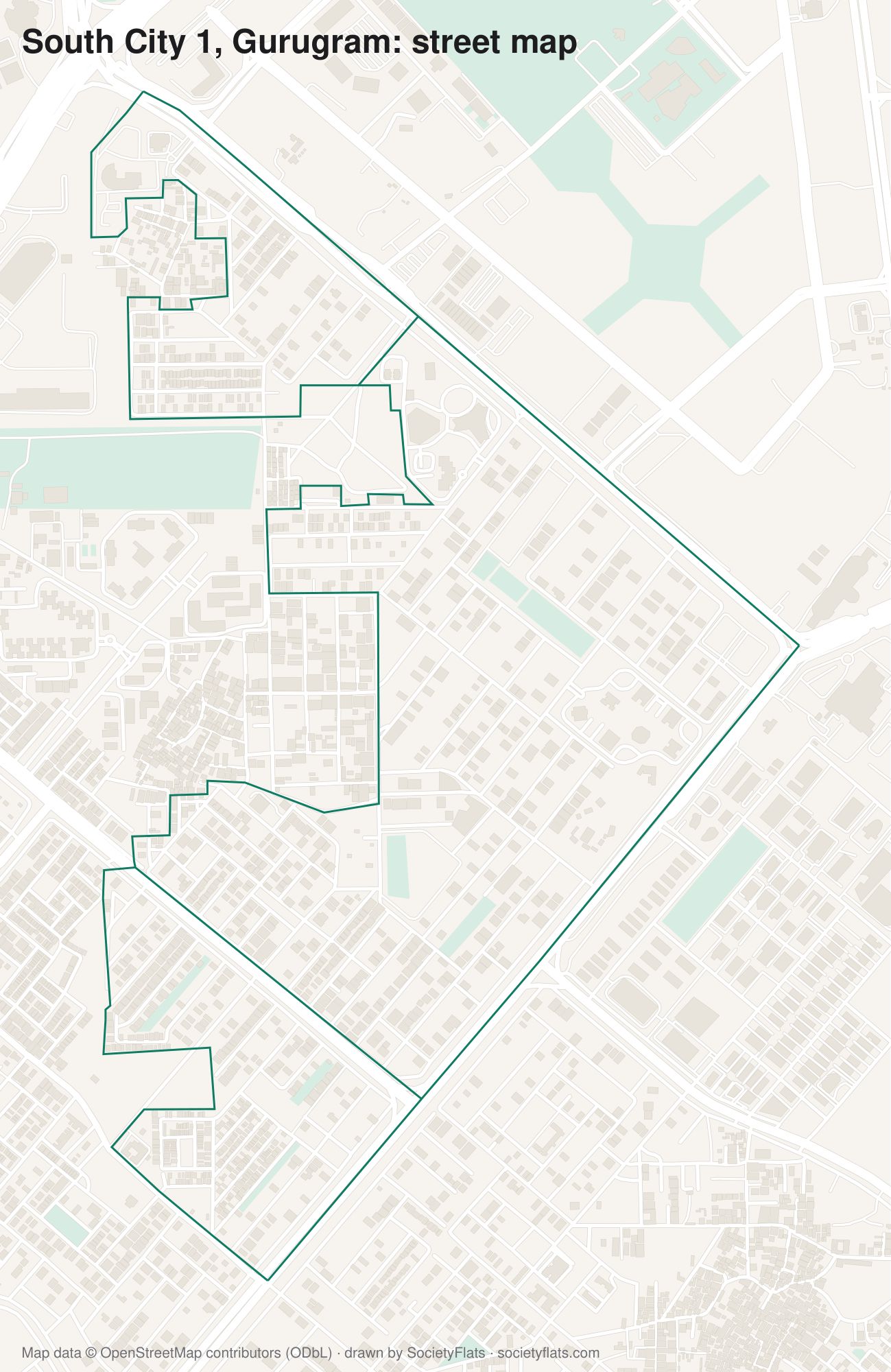 Street map of South City 1, Gurgaon, with its buildings, parks and lanes