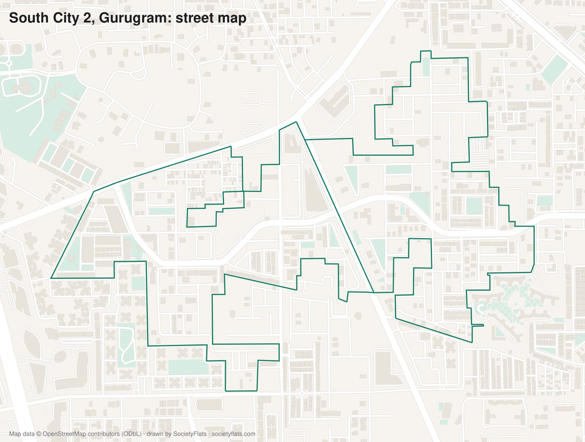 Street map of South City 2, Gurgaon, with its buildings, parks and lanes