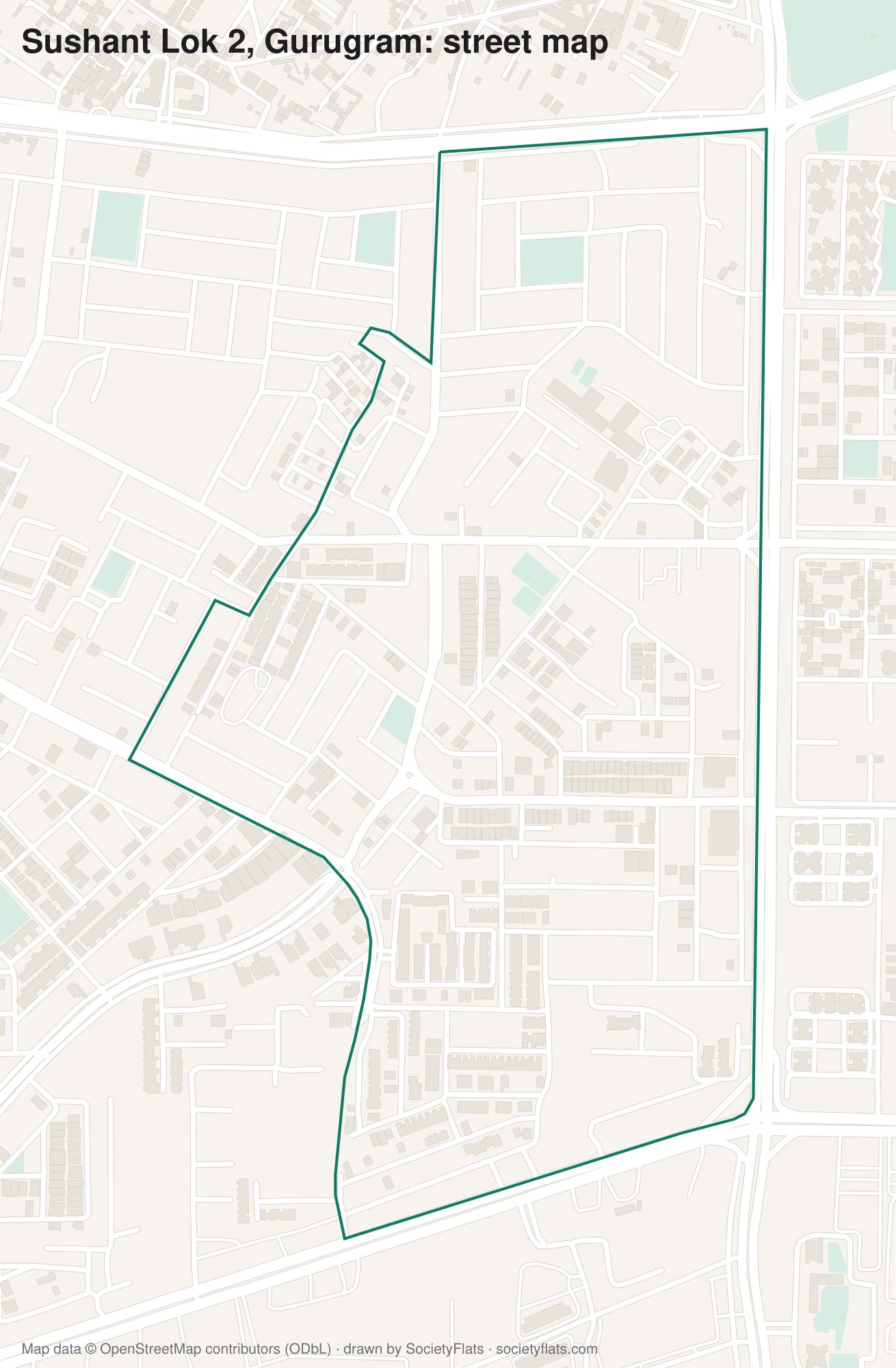 Street map of Sushant Lok 2, Gurgaon, with its buildings, parks and lanes