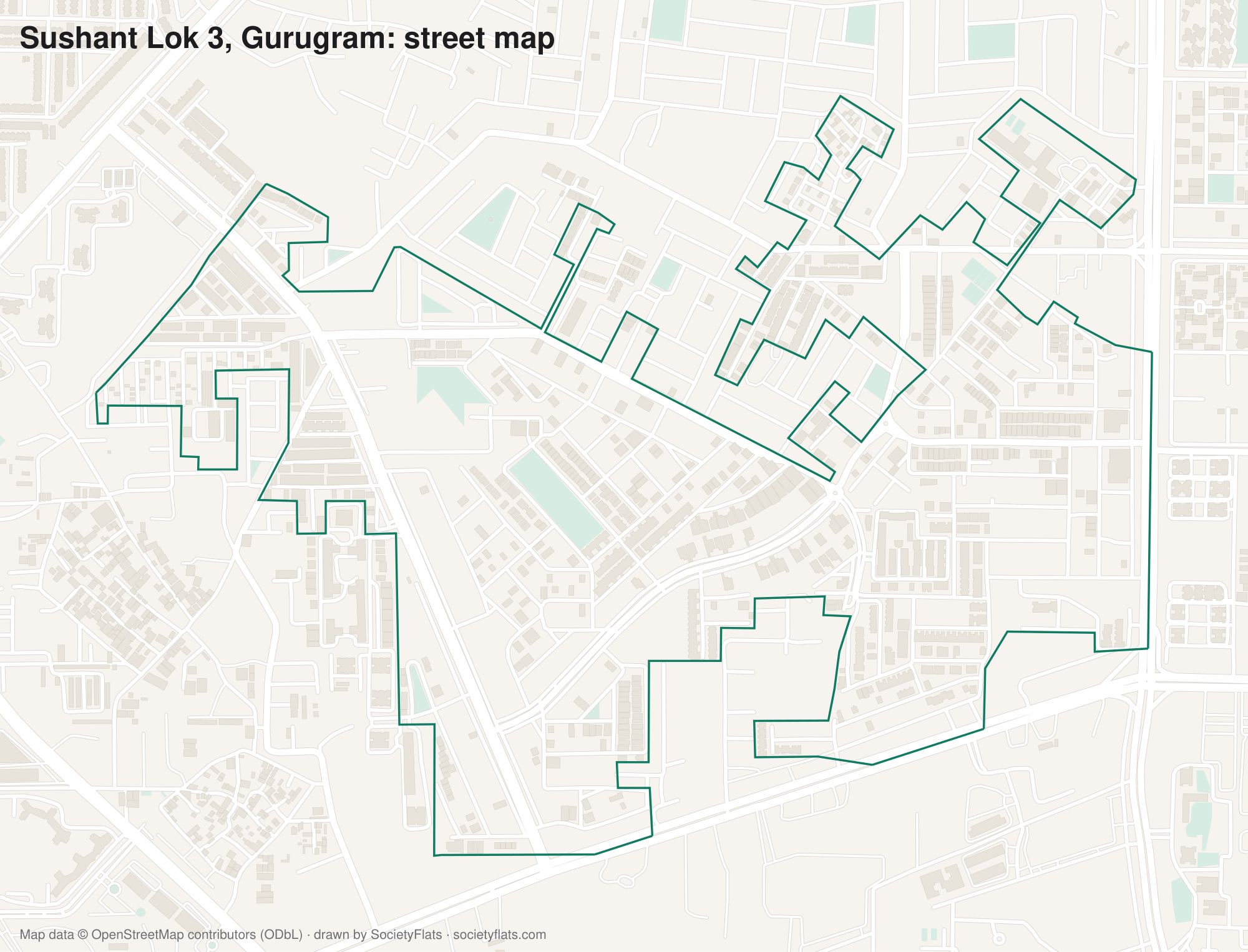 Street map of Sushant Lok 3, Gurgaon, with its buildings, parks and lanes